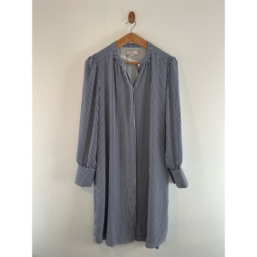 Loft Women’s Blue White Stripped Button Down Dress Size M